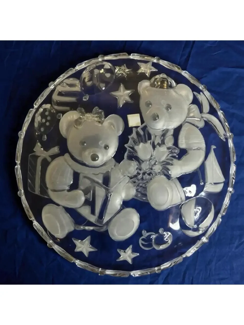 Vintage Glass Serving Plate with Adorable Teddy Bear Design